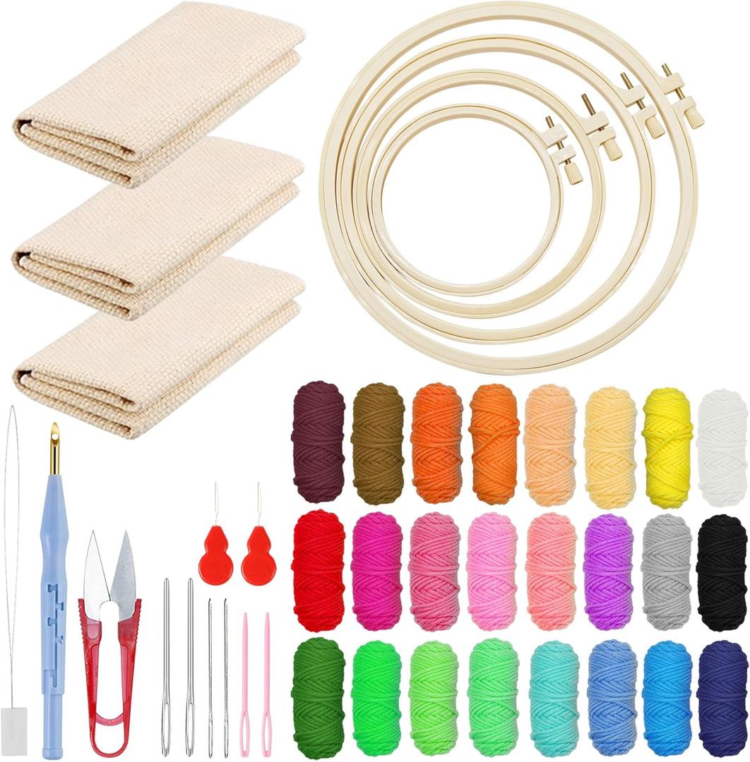 Woohome Punch Needle Kit Included Plastic Hoops, Punch Needle Cloth, Color Yarn and Punch Needle Tools for Adults, Beginners (18PCS Starter Kits)