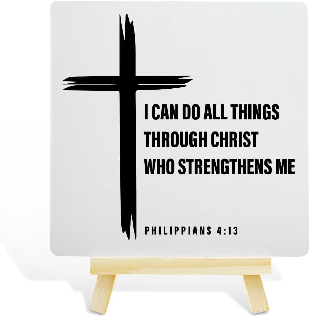 Christian Decor Wooden Sign, Christian Baptism Gifts for Women Men, Faith Religious Scripture Decor, God Decorations for Home Office Bedroom, Bible Verse Desk Decoration, Philippians 4:13