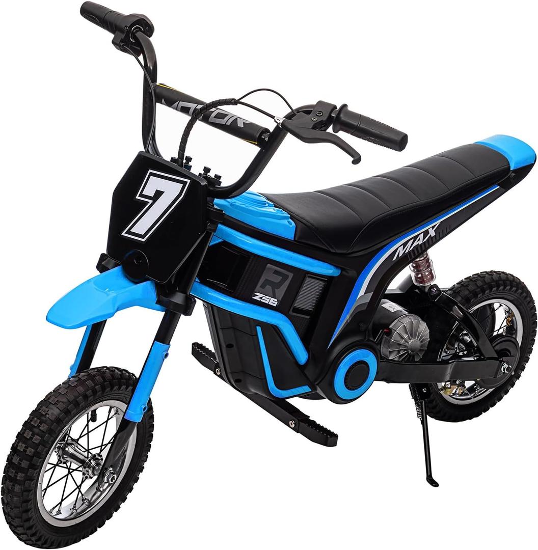 Garvee 24V Electric Dirt Bike for Kids 13+ Years Old, 350W Motor, 14.29 MPH, Dual Suspension, 2-Speed Modes, Max 135 Lbs - Realistic Motorcycle Style with LED Lights & Music (Blue 7)