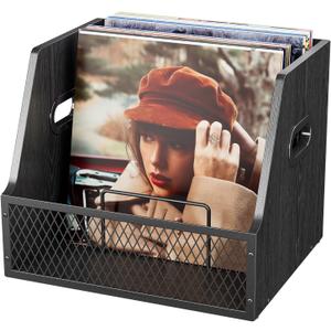 Vinyl Record Storage with Separators, Record Storage Box for 7/10/12 inch 60+ Vinyl Records Organizer Cases Wood Crate for Magazine Holder Black