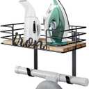 TJ.MOREE Hanger wall mount - Laundry Room Iron and ironing board Holder, Metal with Large Storage Wooden Base Basket and Removable Hooks (Black)