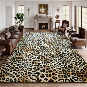 DweIke Leopard Print Rug for Living Room, Machine Washable 8x10 Cheetah Area Rugs for Bedroom, Non-Slip Low Pile Animal Hide Carpet with Rubber Backing for Dining Room Kitchen Home Decor,White Brown