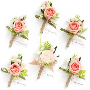 Ling's moment Boutonniere for Men, 6pcs Groom Groomsmen Boutonniere, Artificial Flowers for Wedding Decor/Prom/Homecoming, etc.Blush Pink Coral