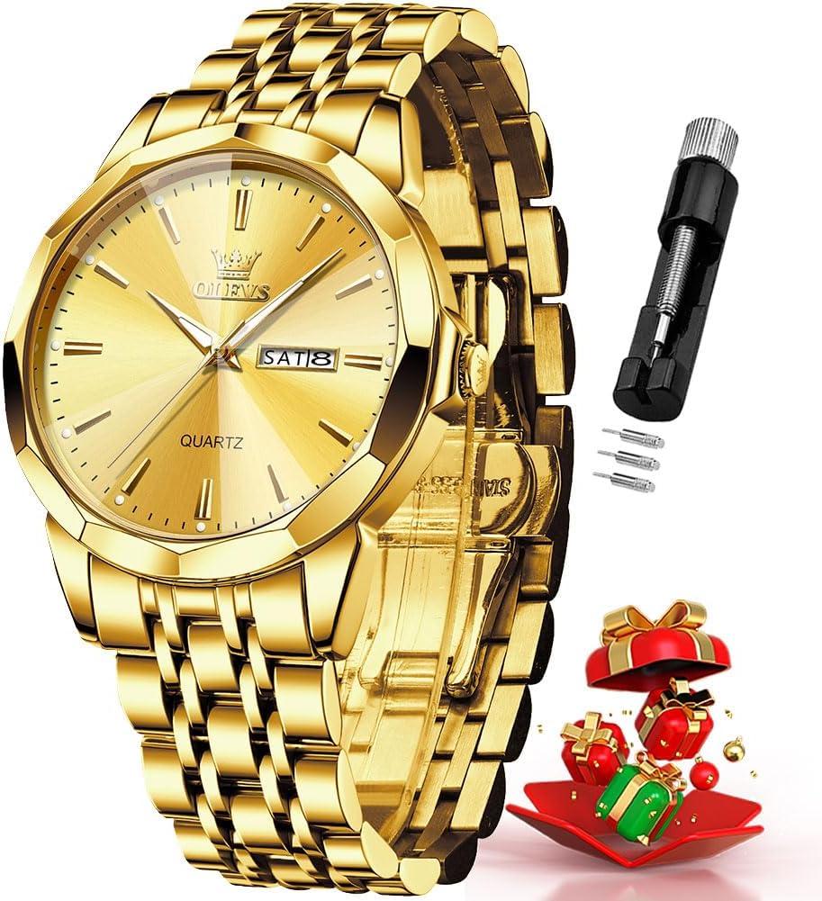 OLEVS Watches for Men Business Dress Diamond Analog Quartz Big Face Luxury Classic Stainless Steel Waterproof Luminous Two Tone Wristwatch