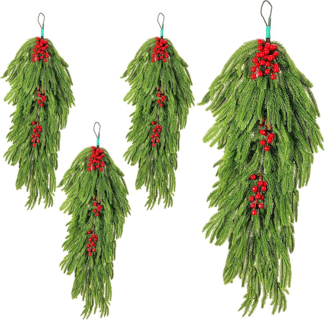4Pcs 35" Extra Length Artificial Christmas Teardrop Swag, Faux Pine Needles Teardrop, Xmas Greenery Norfolk Wreath with Red Fruit, for Table, Door, Mantle, Fireplace Indoor and Outdoor Decor