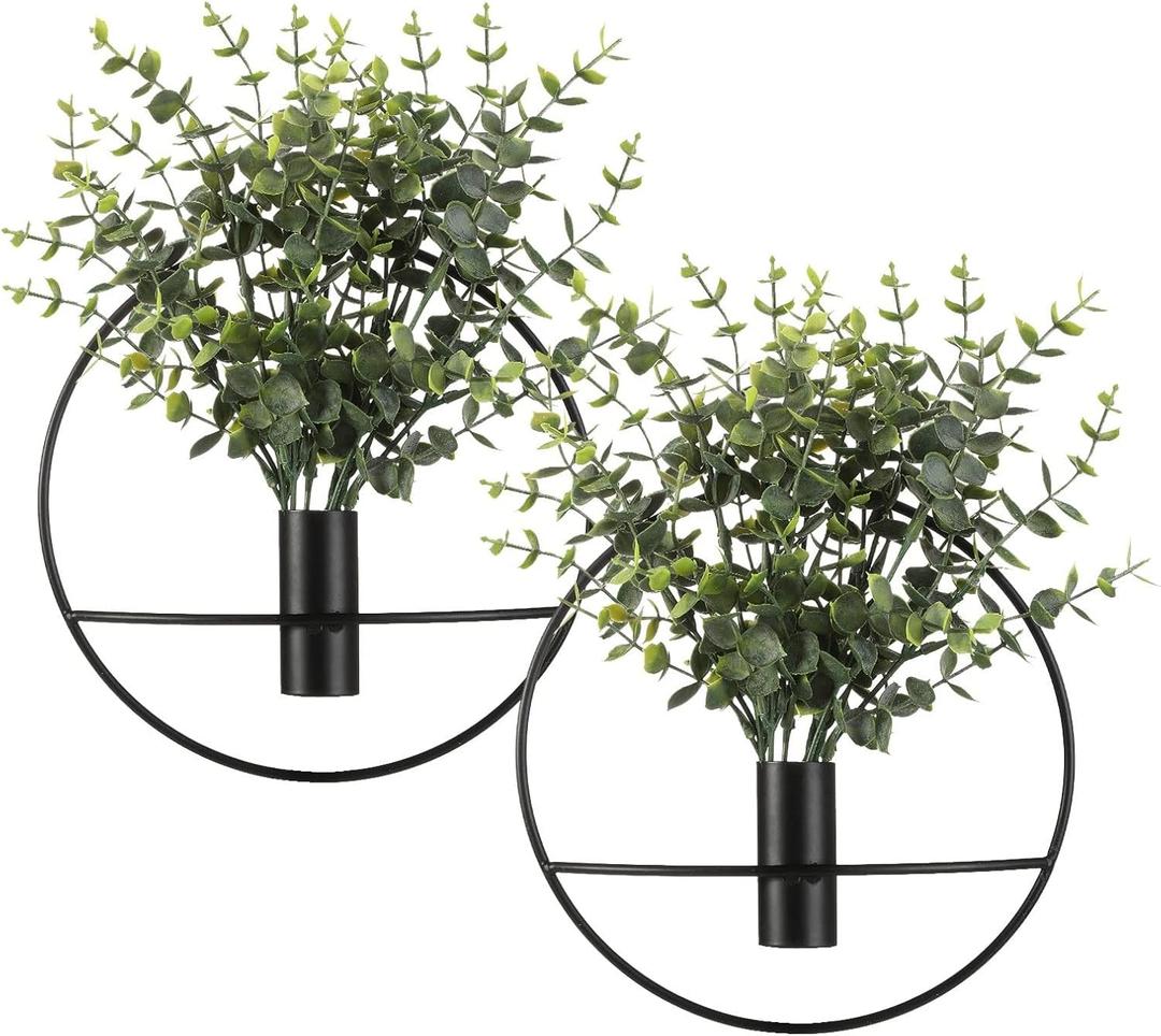 Pretty Jolly Wall Decor Metal Vase Decoration Holder, Mounted Artificial Flowers, Golden Fake Wheat 2 Pack, Art Artificial Greenery, Farmhouse, Boho (S 7.8inch (Black Ring), 08-greenery-eucalyptus)