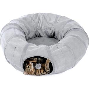 PAWZ Road Cat Tunnel Bed Large Cat Donut Tunnel for Indoor Cats, Collapsible Cats Tube with Central Mat, Peek Hole and Cat Toy Hanging Balls