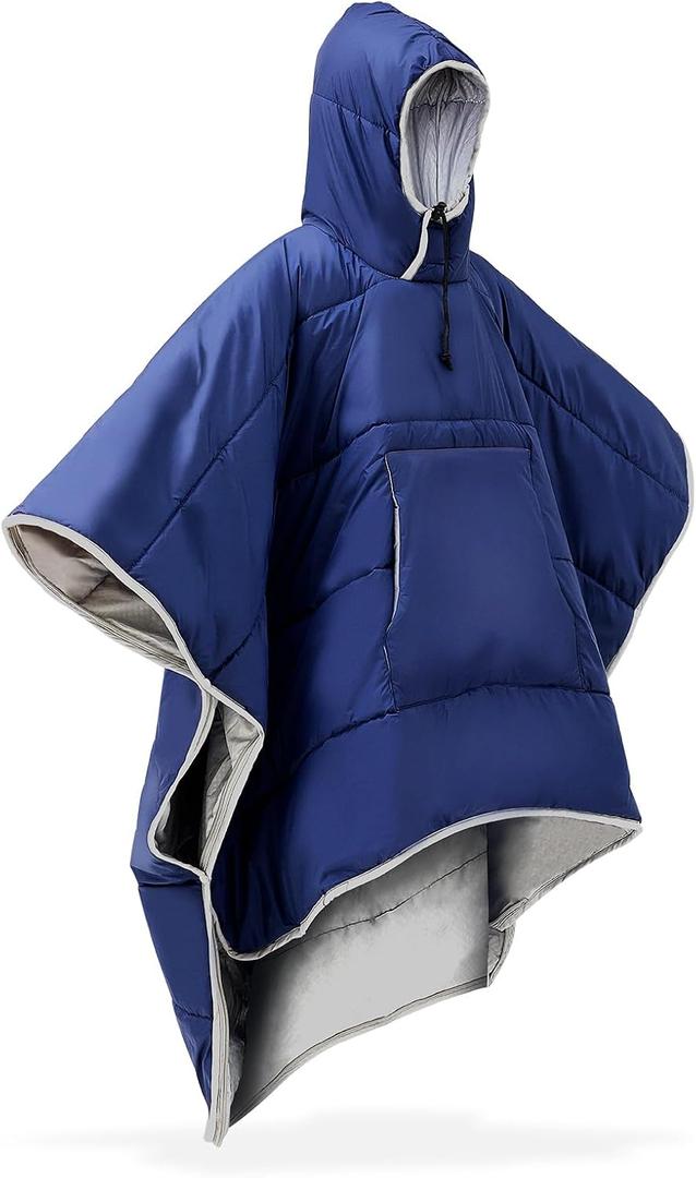 Preboun 1 Pcs Thermal Poncho Wearable Hooded Blanket Winter Poncho Wearable Sleeping Bag Water Resistant Windproof for Men Women (Navy Blue)