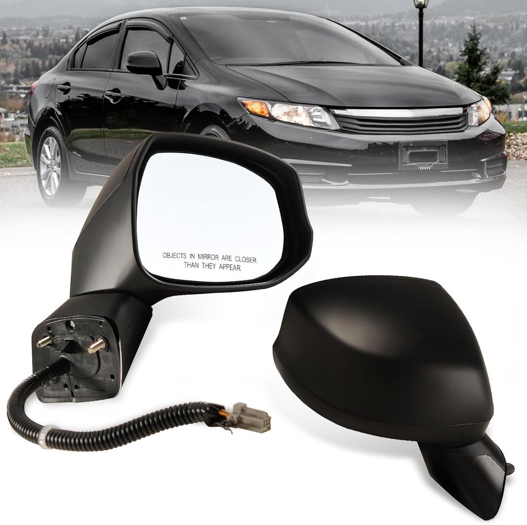 Right Passenger side Mirror Fits 2012-2015 Honda Civic with Power Glass Non-heated Without Turn Signal Light Replaces 76202TR0A01 (3 Pins) (Black)