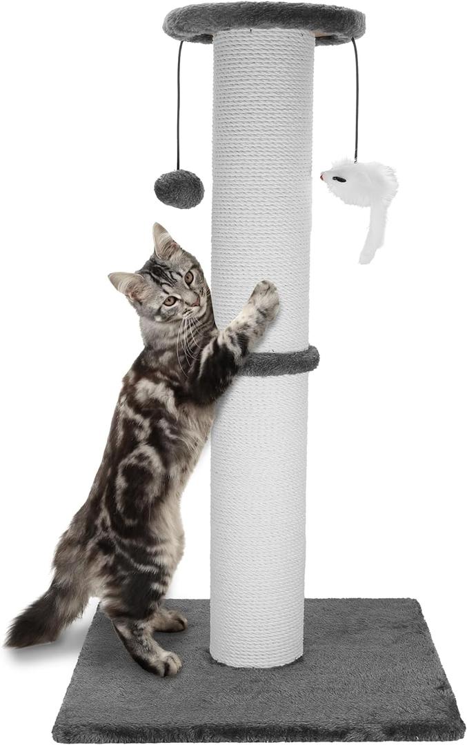 Ahomdoo Cat Scratching Post 34 Inches Heavy Duty and Thicker Cat Scratching Post Cotton Rope with Hanging Ball and Mice Scratching Post for Indoor Cats and Adult(Grey)