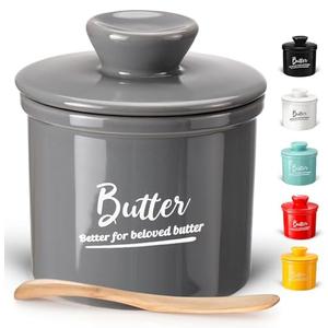 Butter Keeper Crock with Water,Ceramic Butter Crock for Counter – Keeps Butter Soft & Fresh for 2-5 Weeks, Butter Crock with Lid for Countertop with Seal Ring and Knife(Grey)