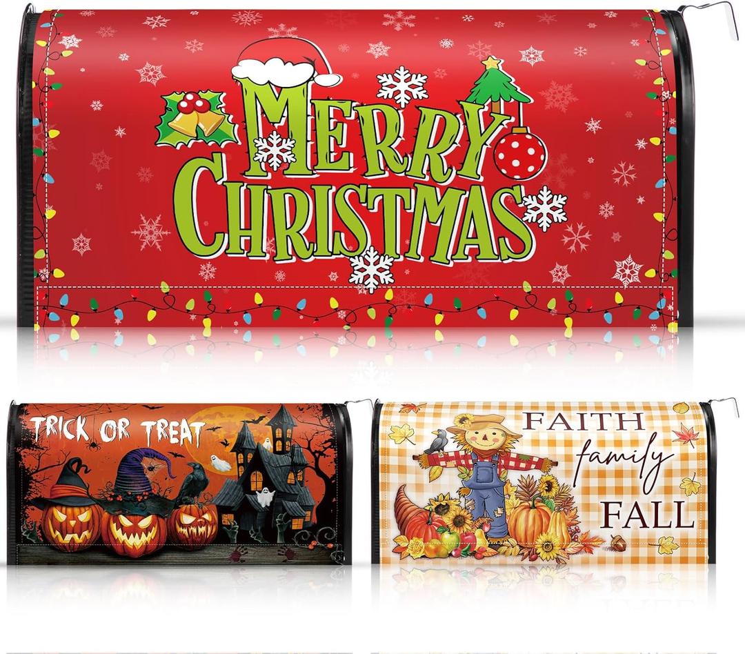 3 Pcs Seasonal Magnetic Mailbox Covers 18x21inch Mail Box Cover Standard Size Post Box Decor for Halloween Thanksgiving Christmas Mailbox Garden Yard Outdoor Decor(Novel)