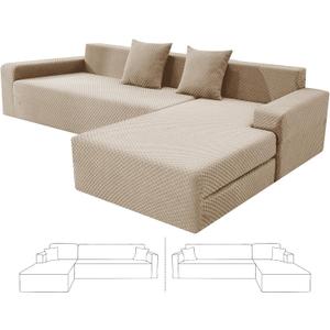 ZNSAYOTX Sectional Couch Covers, Stretch Jacquard Slipcovers with Elastic Bottom for L-Shape Sectional Sofa, 2 Pcs Dog Pet Friendly Modular Sofa Protector (3 Seat Couch + 2 Seat Chaise, Khaki)