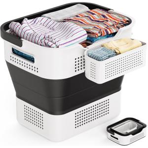 Collapsible Laundry Basket, 10.5 Gallons (40L) Laundry Basket Upgraded With a Storage Box, Laundry Hamper for Laundry Room Organization & Storage Foldable Clothes Hamper Container/Organizer - Black