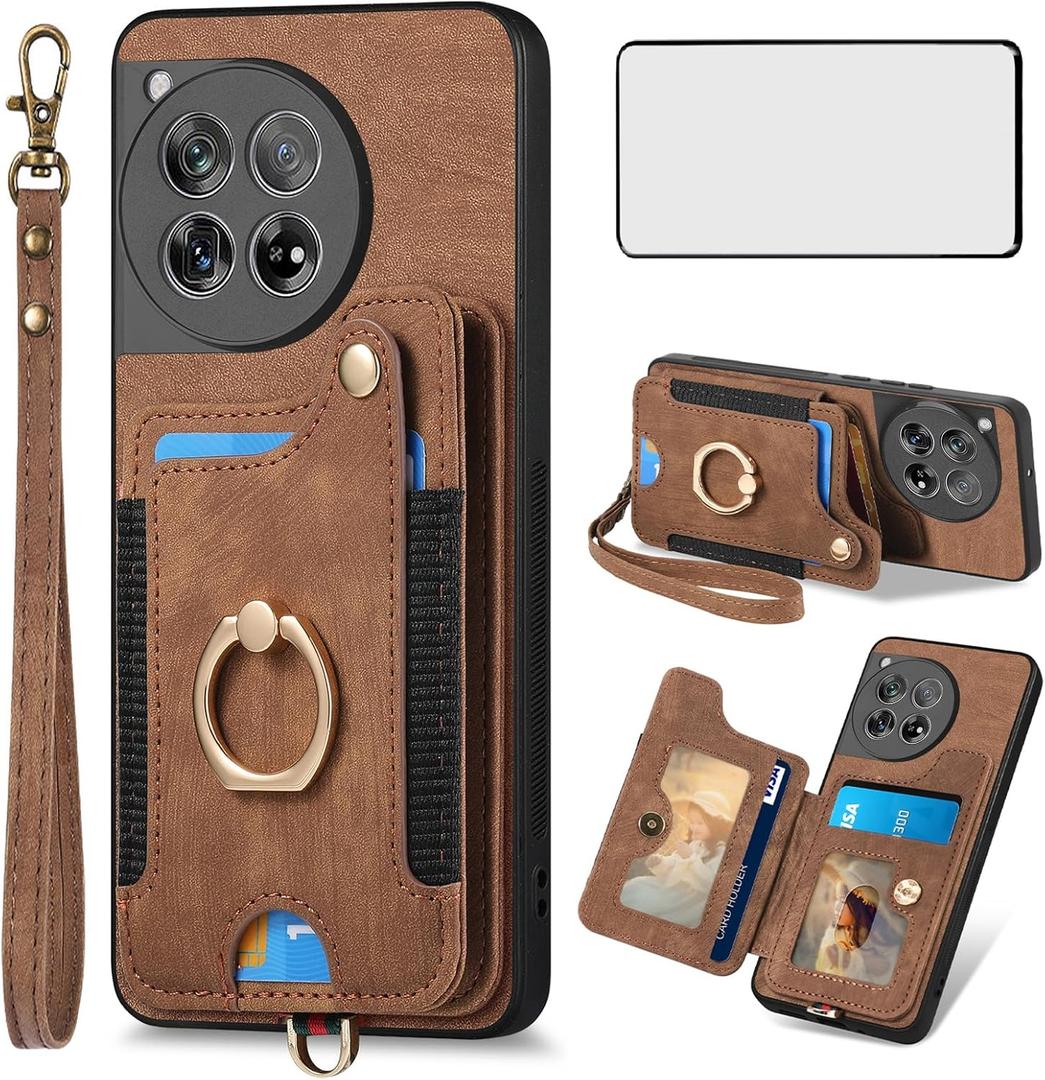 Asuwish Phone Case for OnePlus 12 5G Wallet Cover with Tempered Glass Screen Protector and Wrist Strap Lanyard RFID Credit Card Holder Ring Stand Cell Accessories One+ 1plus12 2024 Women Men Brown