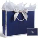 Plauthus Blue Gift Bag with Ribbon, 13" Large Gift Bag with Handle, Greeting Card & 2 Tissue PaperSilver Foil Frame Birthdays, Graduation, Father's Day, Retirements, Anniversaries, Any Occasion