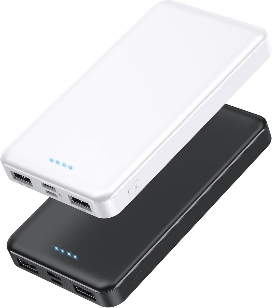 [2 Pack] Portable Charger Power Bank 20000mAh,Ultra Slim Compact External Battery Pack with USB C Input & Dual USB Outputs Backup Charger Compatible with iPhone 13,12, Samsung S20,Tablet -Black+ White