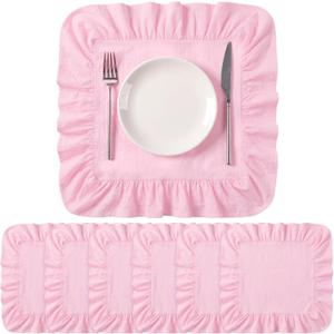 Patelai Set of 6 Pink Ruffle Placemat 16 Inch Light Pink Cotton Fabric Tablemat Farmhouse Rustic Decorative Scalloped Washable Place Mat for Valentine's Wedding Holiday Party Kitchen Dining Table Decor