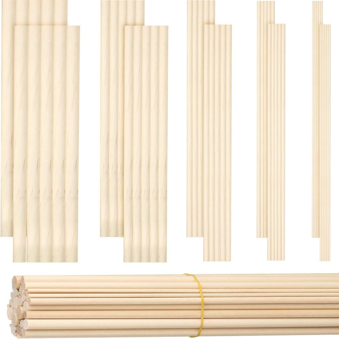 Patelai 100 Pcs Wood Dowels Assorted Sizes Dowel Rods for Crafting Wood Sticks 1/8, 3/16, 1/4, 5/16, 3/8 x 6 Inch Unfinished Round Hardwood Sticks for DIY Models Making Spring Wedding Ribbon, 5 Size