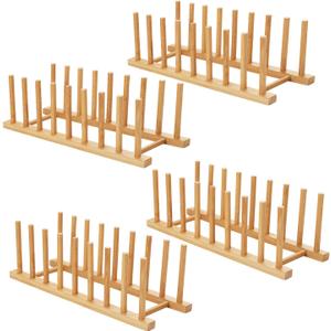 HBlife 4pcs Bamboo Dish Plate Bowl Cup Book Pot Lid Cutting Board Drying Rack Stand Drainer Storage Holder Organizer Kitchen Cabinet (Keep Dry)