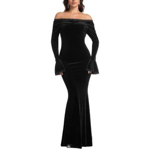 MERMAID'S CLOSET Women's V Neck Floral Lace Maxi Wedding Dress Long Sleeve Flowy Formal Party Dress Fall Spring (Large)