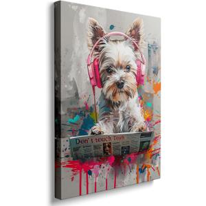 Ypxzzj Cool Colorful Graffiti Dog Wall Art for Bathroom, Funny Animal Canvas Print Painting for Bedroom,Graffiti Art Pictures for Living Room Home Decor Size 12x16Inch Framed Ready to Hang