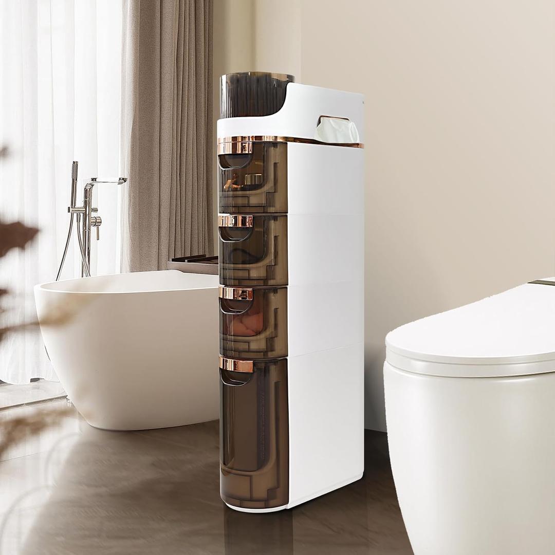BGYMF 4-Tier Slim Bathroom Storage Cabinet, Slim Cabinet for Bathroom,Narrow Rolling Storage Cart with Wheels, White Plastic Organizer for Small Spaces, Kitchen, Laundry Room, Corner