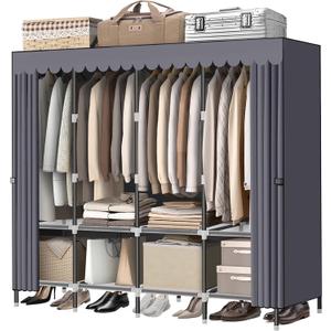 LOKEME Wardrobe Closet Grey Portable Closet with Zippers 65.4Inches 19mm Diameter Portable Closets for Hanging Clothes with 4 booms and Storage cabinets Spacious Large -Capacity Storage Space