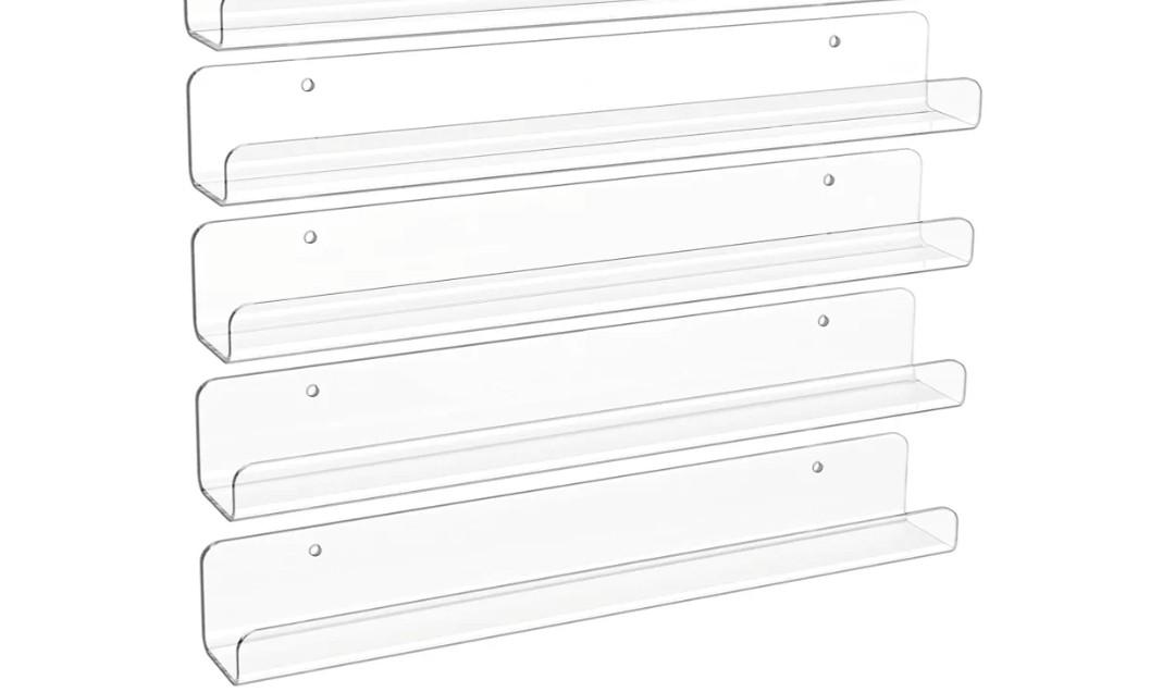 upsimples 4 Pack Clear Acrylic Shelves, 1.7" x12" Clear Wall Shelves for Nail Polish, Vinyl Wall Mount, Record Holder, Magazine Rack, Comic Display, Picture Ledge Shelf Décor