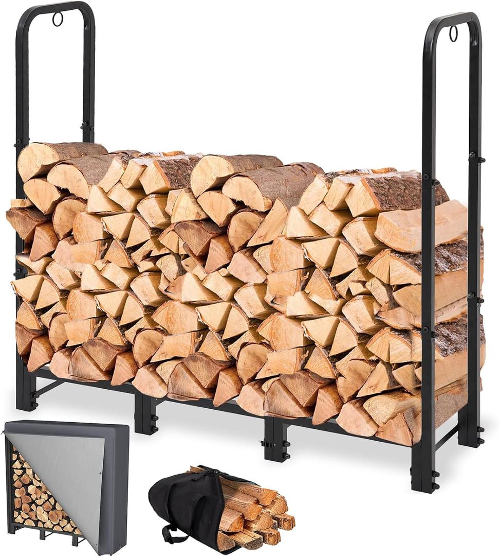 4FT Firewood Rack Outdoor with Cover, Heavy Duty Wood Holder with Log Carrier, Adjustable & Waterproof Log Holder Wood Storage Stand for Fireplace Patio Outdoor, Black