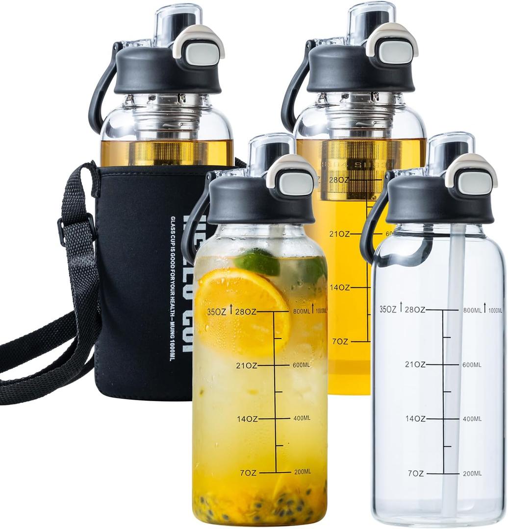 35oz Glass Water Bottles with Time Marker & Straw, BPA-Free Leakproof Glass Drinking Bottles with Protective Sleeve & Tea Infuser for Office Travel Sport (4PCS)