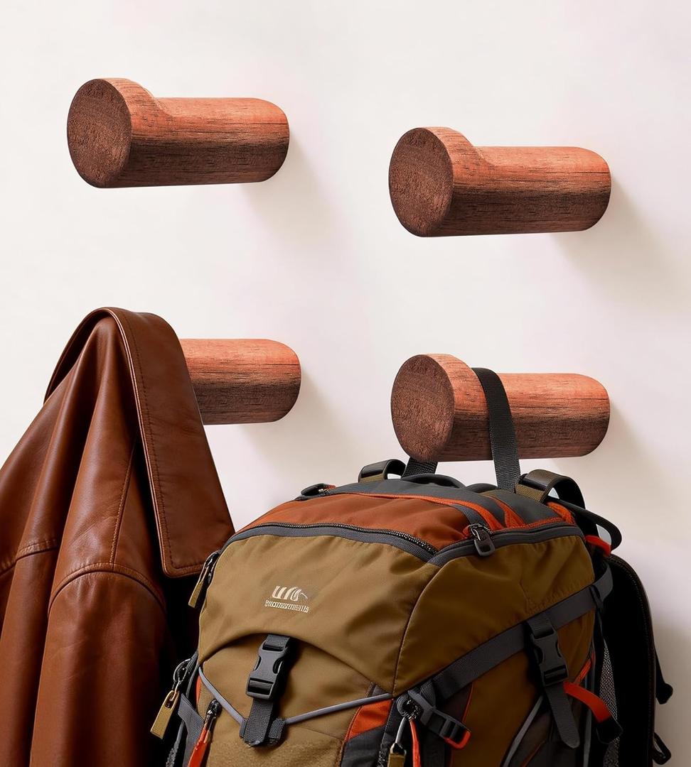 CHAUNCEY HOME Wood Wall Hooks, 4 Pack Heavy Duty Coat Hooks – Farmhouse Rustic Entryway & Bathroom Hooks for Hats, Towels, Bags, Clothes (40 Capacity), Fits Drywall, Acacia Wood