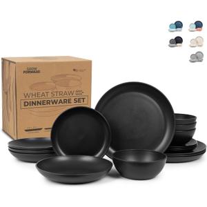 Grow Forward 16-piece Premium Wheat Straw Dinnerware Sets for 4 - Unbreakable Dishwasher & Microwave Safe Plastic Plates and Bowls Sets - Patio, Outdoors, RV, Camping Dishes - Midnight
