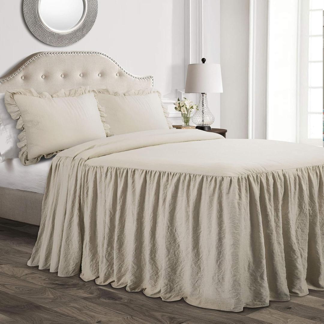 Lush Decor Ruffle Skirt Bedspread Set - 3-Piece Luxurious Farmhouse Bedding - Elegant Ruffle Detail - Timeless Style - Soft Lightweight Sheets - California King, Neutral