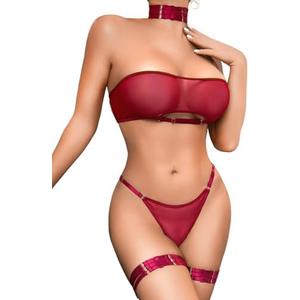 Kaei&Shi Sheer Mesh Lingerie Set, Sexy Bra And Panty 4PC, Strapless Choker M