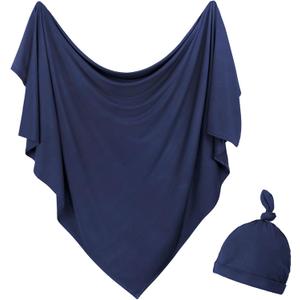 Newborn Swaddle Blanket with Hat Set Baby Swaddle Set Hospital Receiving Blankets for Girls Boys(Navy,35"*35")