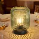 Battery Operated Lamp, Cordless Table Lamps for Home Decor, Battery Powered Nightlight with LED Bulb, Decorative Glass Beside Lamp for Bedroom Living Room-Green