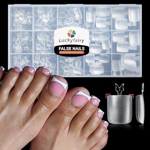 Luckyfairy Square Toe Nail Tips, 504Pcs 15 Sizes Full Cover Press On Toenails for Women, Long Wider Pre-etched Double Matte Fake Toenails for Big Toe Nail Extensions Home DIY Salon Soak Off