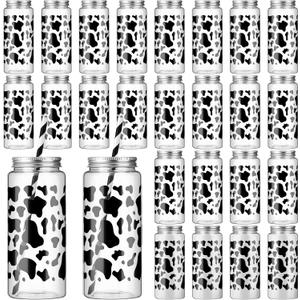 Chuangdi 24 Sets 14 oz Cow Theme Plastic Milk Bottles with Straws and Metal Lids 24 Plastic Bottles 25 Paper Straws Tumbler Reusable Jar Containers for Baby Shower Birthday Supplies(Black,cow)