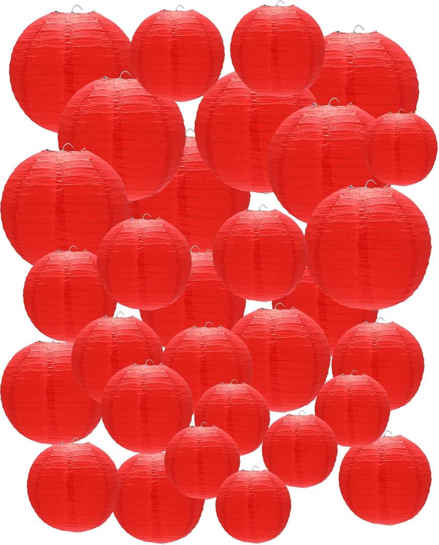 Treela 48 Pcs Paper Lanterns Party Decorations Chinese Round Paper Lanterns 4/6/8/10 Inch Asian Hanging Lamps Decorative for Birthday Party Supplies(Red)