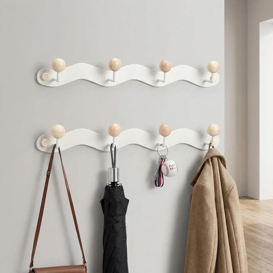 Frienda 2 Pack Wavy Coat Rack Wall Mount, 15.3 Inch Metal Wood Coat Hooks Hanger with 4 Hooks, Entryway Hanging for Bathrooms Wall Towel Hat Bag Purse Rack Key Holder(White, Natural Wood)