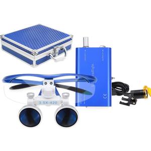EAST Brand 3.5X 420mm Working Distance Optical Glass Surgical Binocular Loupes and LED Head Light Lamp with Filter Aluminum Box Style (Blue)
