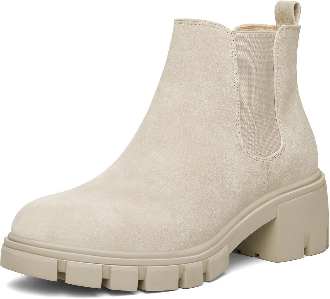 mysoft Women's Platform Chelsea Boots Lug Sole Slip On Chunky Block Heel Ankle Booties (8, Beige)