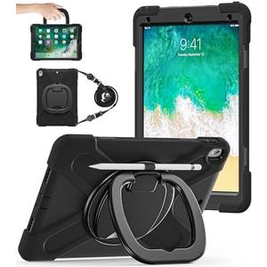 BATYUE iPad Air 3rd Generation Case 2019 / iPad Pro 10.5 inch Case 2017; Rugged Heavy Duty Protective Cover with Pencil Holder, 360° Swivel Stand, Shoulder Strap; for Kids (Black)