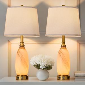 AIDENOEY 26" Modern Art Glass Table & Bedside Lamp, Stepless Dimmable Base + Dimmable 3-Color Light, USB A/C Charging Ports, Touch Control & Switch for Bedroom, Living Room, Office, Study