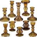 Mumufy 10 Pcs Glass Crystal Taper Candle Holders Clear Glass Candlestick Holder Fit 0.8 Inch Candles Crystal Decorative Candle Stand Centerpiece Table Wedding Dining Party (Classic,Brown)