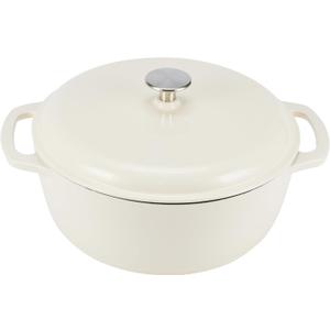 Amazon Basics Enameled Cast Iron Dutch Oven Pot with Lid, Oven Safe, Heavy-Duty, Dual Handles for Baking, Roasting, Stews, Round, 6-Quart, White