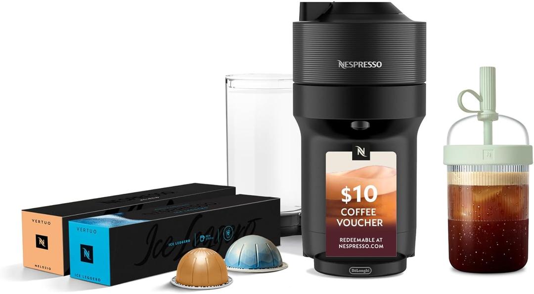 Nespresso Vertuo Pop+ Cold Value Added Bundle with Iced Coffee Tumbler by De'Longhi, Liquorice Black Nespresso Vertuo Pop+ Cold Value Added Bundle with Iced Coffee Tumbler by De'Longhi, Liquorice Black
