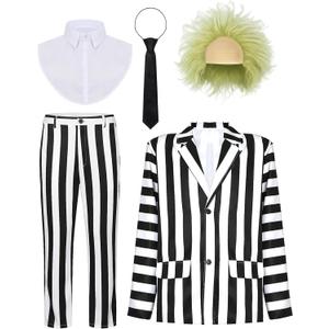 Halloween Costumes for Men Scary Black and White Stripe Suit with Wig (Large)