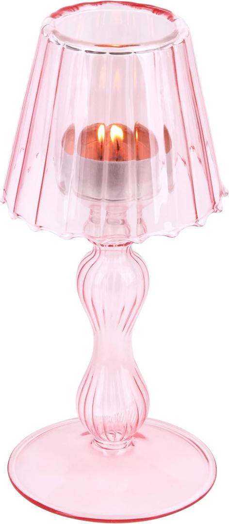 Desk Lamp Shaped Glass Candle Holder - Glass Hurricane Candleholder Crystal Decorative Candle Stand for Table Wedding Dinning Centerpieces Party Supplies Festival Decor Pink